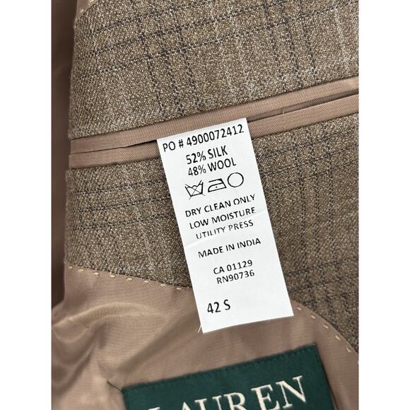 Ralph Lauren Suit Jacket Mens 42S Brown Plaid Silk Wool Single Breasted Tweed - Picture 4 of 15